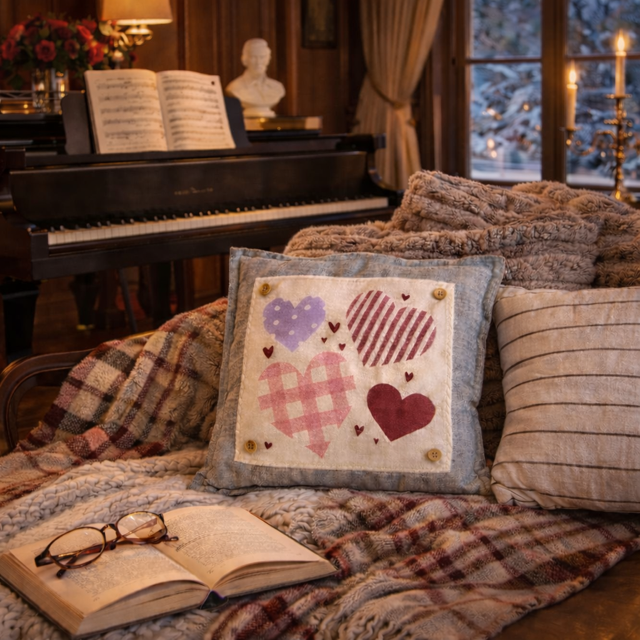 NEW! SQUARE BUNDLE SET: TICKING STRIPES PILLOW (comes with foam insert and these 3 panels in back pocket); throw pillow Winter : SKI BENCH, HEARTS, PRESSED FLOWERS