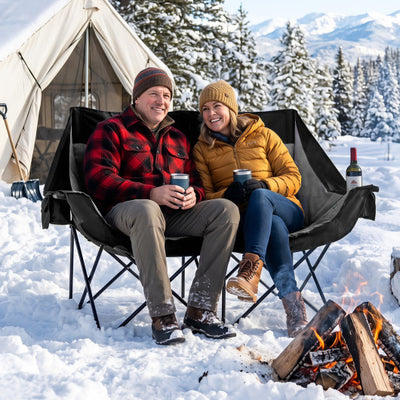 Heated Double Camping Chair with 4 Heating Zones and Wine Glass Holders-Black