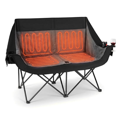 Heated Double Camping Chair with 4 Heating Zones and Wine Glass Holders-Black