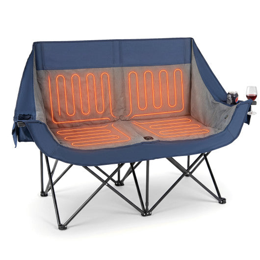 Heated Double Camping Chair with 4 Heating Zones and Wine Glass Holders-Navy