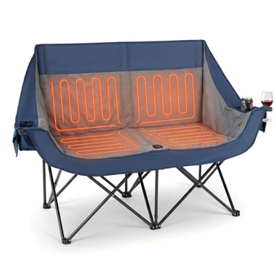 Heated Double Camping Chair with 4 Heating Zones and Wine Glass Holders-Navy