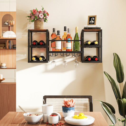 Heavy-duty Wall Mounted Wine Rack with Glass Holder Metal Frame 8-Bottle Holder-Rustic Brown