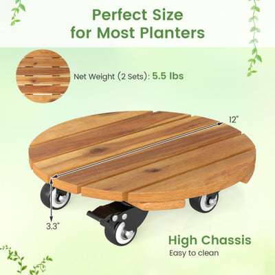 Heavy Duty Acacia Wood Rolling Plant Stand with 360° Lockable Casters-Set of 2