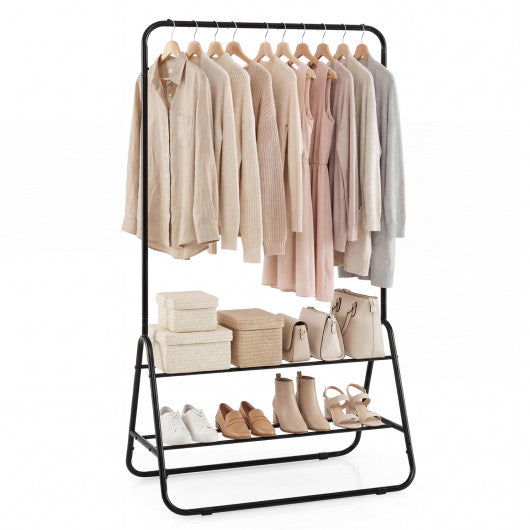 Heavy Duty Clothes Rack with Hanging Rod and Storage Shelves-Black