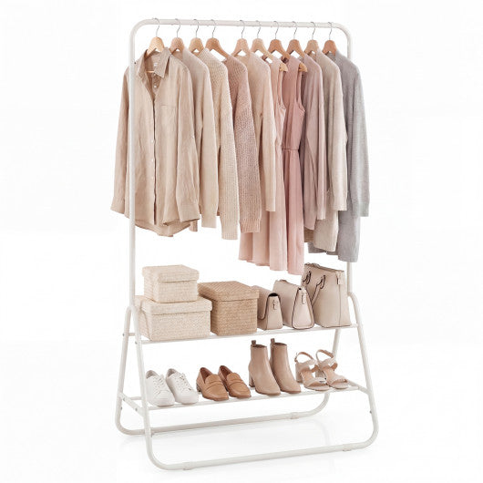 Heavy Duty Clothes Rack with Hanging Rod and Storage Shelves-White