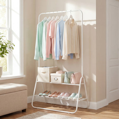 Heavy Duty Clothes Rack with Hanging Rod and Storage Shelves-White