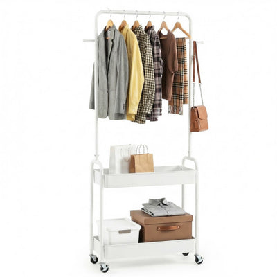 Heavy-Duty Laundry Cart with Hanging Rod and 2 Storage Baskets for Bedroom-White