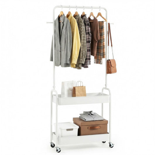 Heavy-Duty Laundry Cart with Hanging Rod and 2 Storage Baskets for Bedroom-White
