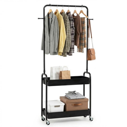 Heavy-Duty Laundry Cart with Hanging Rod and 2 Storage Baskets for Bedroom-Black