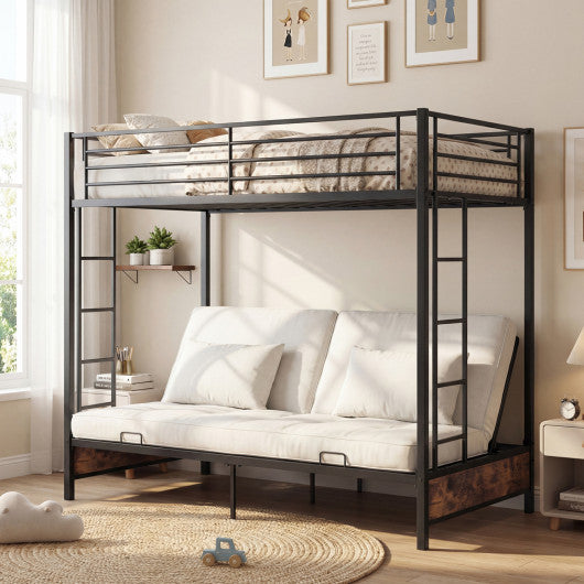 Heavy Duty Metal Bunk Bed Frame with Headboard and Footboard-Rustic Brown