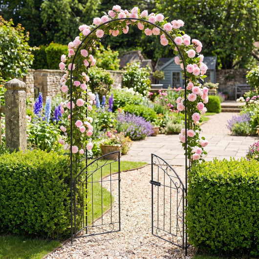 Heavy-Duty Metal Garden Arch with Gate and Safety Latch-Black