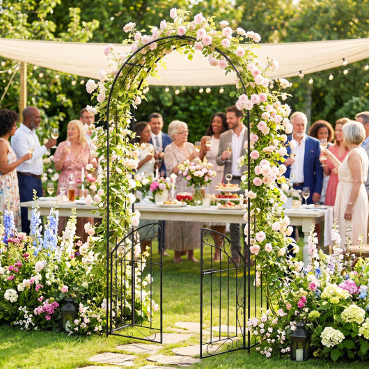 Heavy-Duty Metal Garden Arch with Gate and Safety Latch-Black