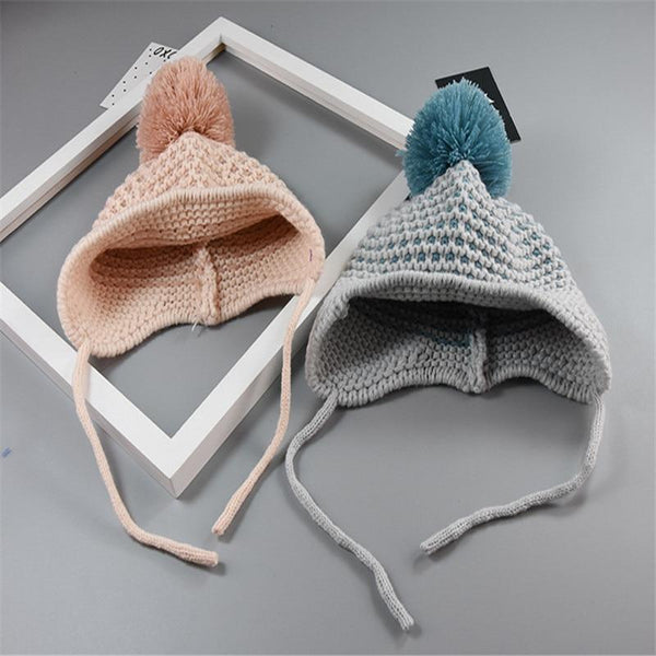 Cute Big Hair Ball Cap For Baby Cotton Knitted Caps for Girls/Boys Warm Woolen Hood Caps Toddler Hats For Winter