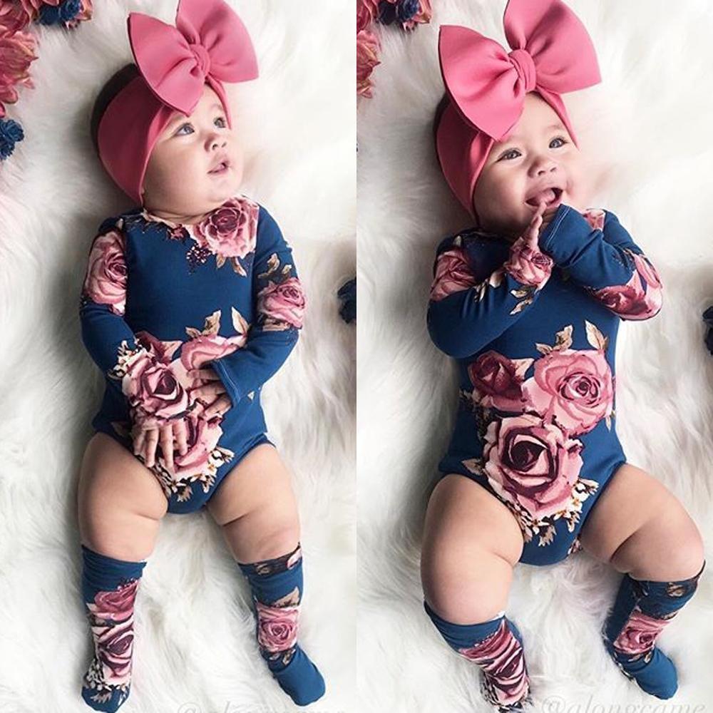 Newborn Baby Girls Floral Clothes Spring Autumn Long Sleeve Romper Warm Leg Socks Outfits Romer and Jumpsuit For Kids With Socks in Floral Design