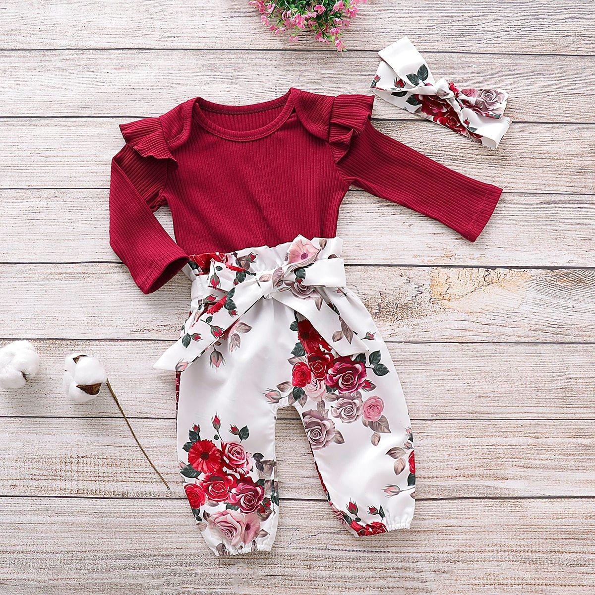 Newborn Baby Girl Clothes Knitting Cotton Long Sleeve  Tops Flower Print Long Pants Headband