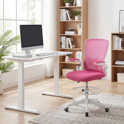 Height Adjustable Drafting Chair with Flip Up Arms for Home Office-Pink