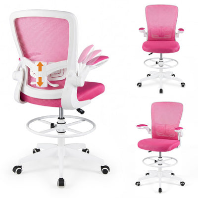 Height Adjustable Drafting Chair with Flip Up Arms for Home Office-Pink