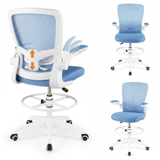 Height Adjustable Drafting Chair with Flip Up Arms for Home Office-Blue
