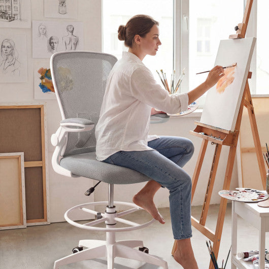 Height Adjustable Drafting Chair with Flip Up Arms for Home Office-Gray