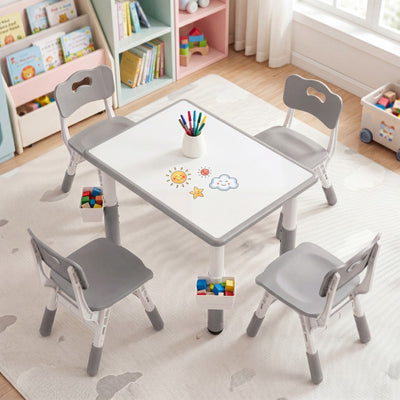 Height Adjustable  Kids Table and 4 Chairs Set with Graffiti Desktop and 2 Storage Baskets-Gray