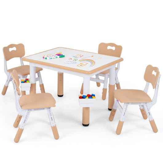 Height Adjustable  Kids Table and 4 Chairs Set with Graffiti Desktop and 2 Storage Baskets-Natrual
