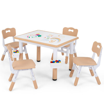 Height Adjustable  Kids Table and 4 Chairs Set with Graffiti Desktop and 2 Storage Baskets-Natrual