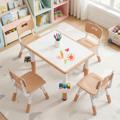 Height Adjustable  Kids Table and 4 Chairs Set with Graffiti Desktop and 2 Storage Baskets-Natrual