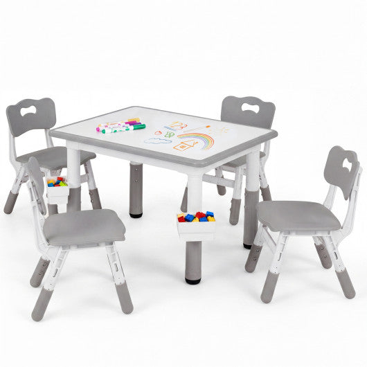 Height Adjustable  Kids Table and 4 Chairs Set with Graffiti Desktop and 2 Storage Baskets-Gray