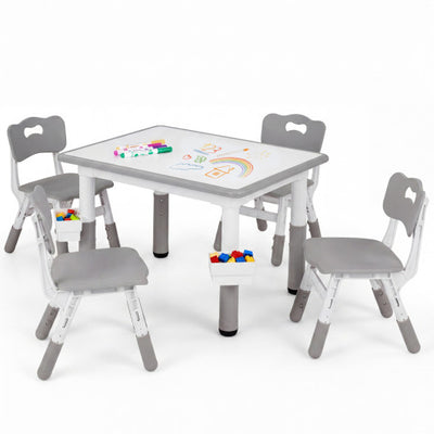 Height Adjustable  Kids Table and 4 Chairs Set with Graffiti Desktop and 2 Storage Baskets-Gray