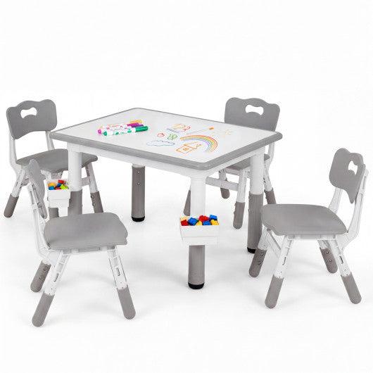 Height Adjustable  Kids Table and 4 Chairs Set with Graffiti Desktop and 2 Storage Baskets-Gray