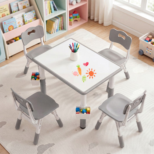 Height Adjustable  Kids Table and 4 Chairs Set with Graffiti Desktop and 2 Storage Baskets-Gray