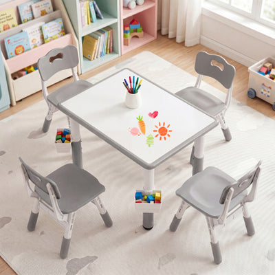 Height Adjustable  Kids Table and 4 Chairs Set with Graffiti Desktop and 2 Storage Baskets-Gray