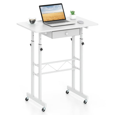 Height Adjustable Laptop Desk with Fabric Drawer Tablet Holder and Lockable Wheels-White
