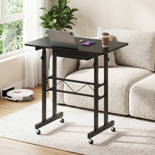 Height Adjustable Laptop Desk with Fabric Drawer Tablet Holder and Lockable Wheels-Black