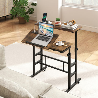 Height Adjustable Mobile Standing Desk with Power Outlets and Portable Rolling Laptop Cart on Wheels-Rustic Brown