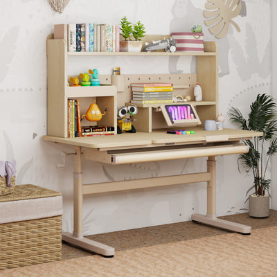 Height Adjustable Writing Table with Tilt Desktop and Retractable Book Stand-Yellow