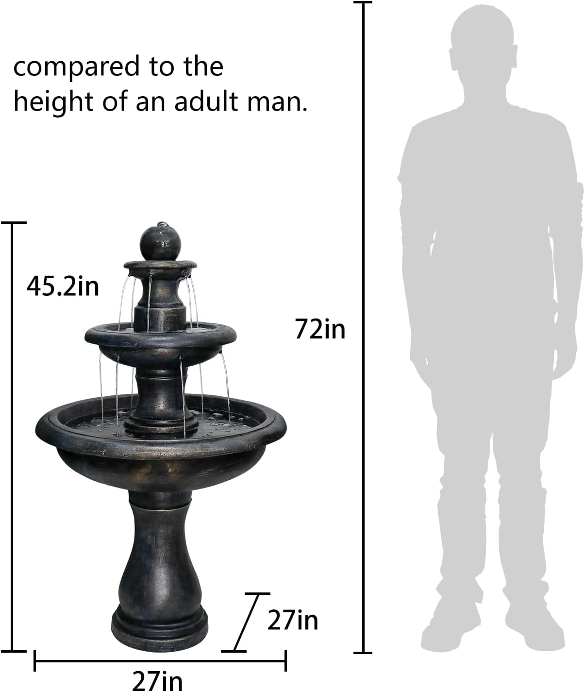 Concrete Antique Black 3 Tier Outdoor Water Fountain