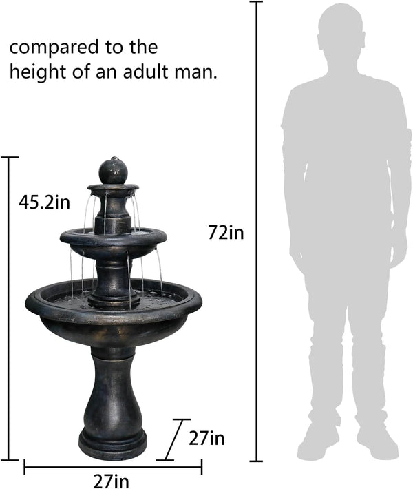 Concrete Antique Black 3 Tier Outdoor Water Fountain