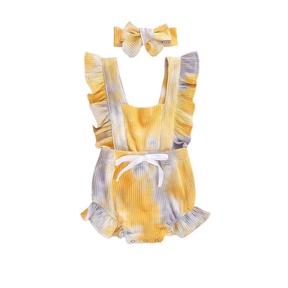 Luxury Modern New Printed Colorful Toddler Girls Rompers With Headband Ruffles Short Sleeve Printed Backless Jumpsuits