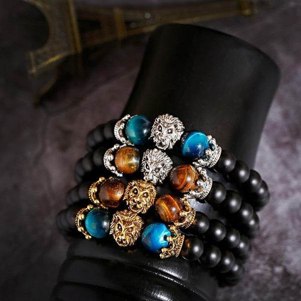 New Classic Crown Lion Elegant Bracelet Luxury For Men Fashion Tiger Eye Onyx Stone Handmade Beaded Charm Modern Bracelet For Women Jewelry