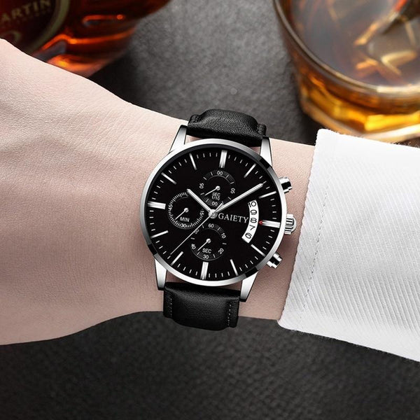Watches men Fashion Sport Stainless Steel Case Leather Band watch Quartz Business Wristwatch For Men's and Boys