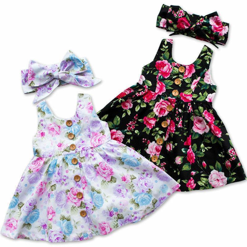 Modern Elegant Baby Girls Kids Summer Floral Dress Princess Party Sleeveless Dresses Headband 2pcs 0-4Y For Party In Flowers Modern Design With Bow
