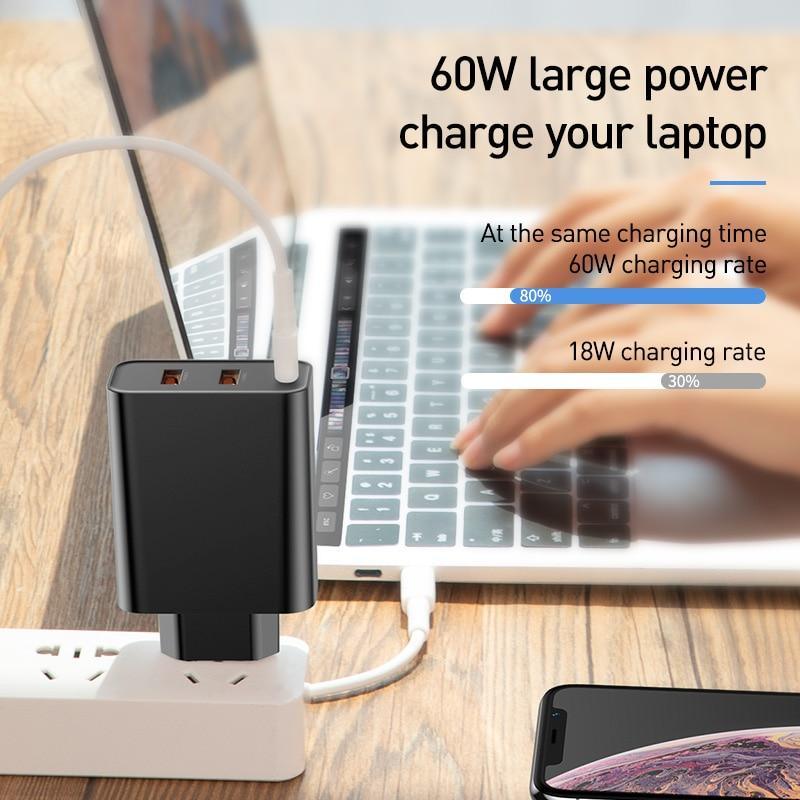 3 Ports USB Fast Charger 60W Support Quick Charge  Type-C PD Charger QC 4.0 3.0 Phone Charger