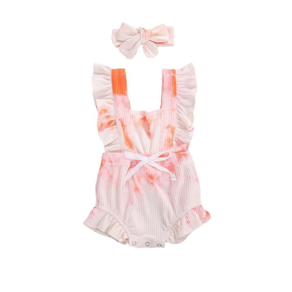 Luxury Modern New Printed Colorful Toddler Girls Rompers With Headband Ruffles Short Sleeve Printed Backless Jumpsuits