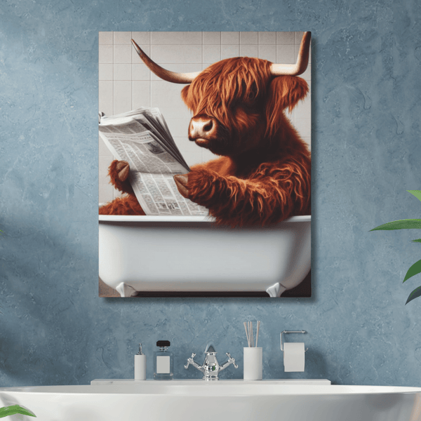 Highland Cow in a Clawfoot Tub Canvas Wall Art
