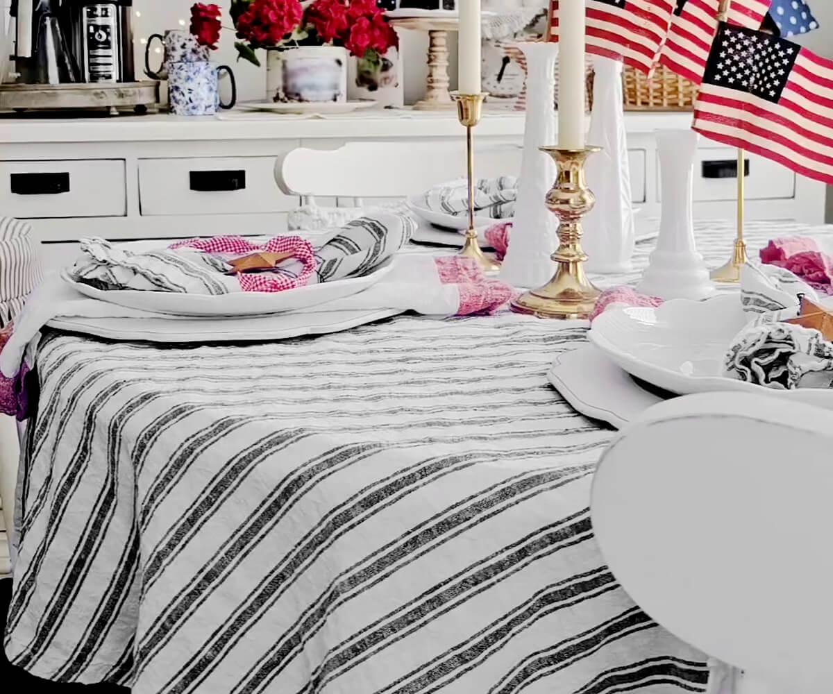 Homestead Stripe Linen Tablecloth -  Round Tablecloth 60 inch