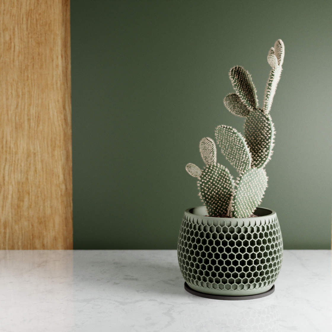 Cactus in a textured pot on a marble surface with a green wall background
