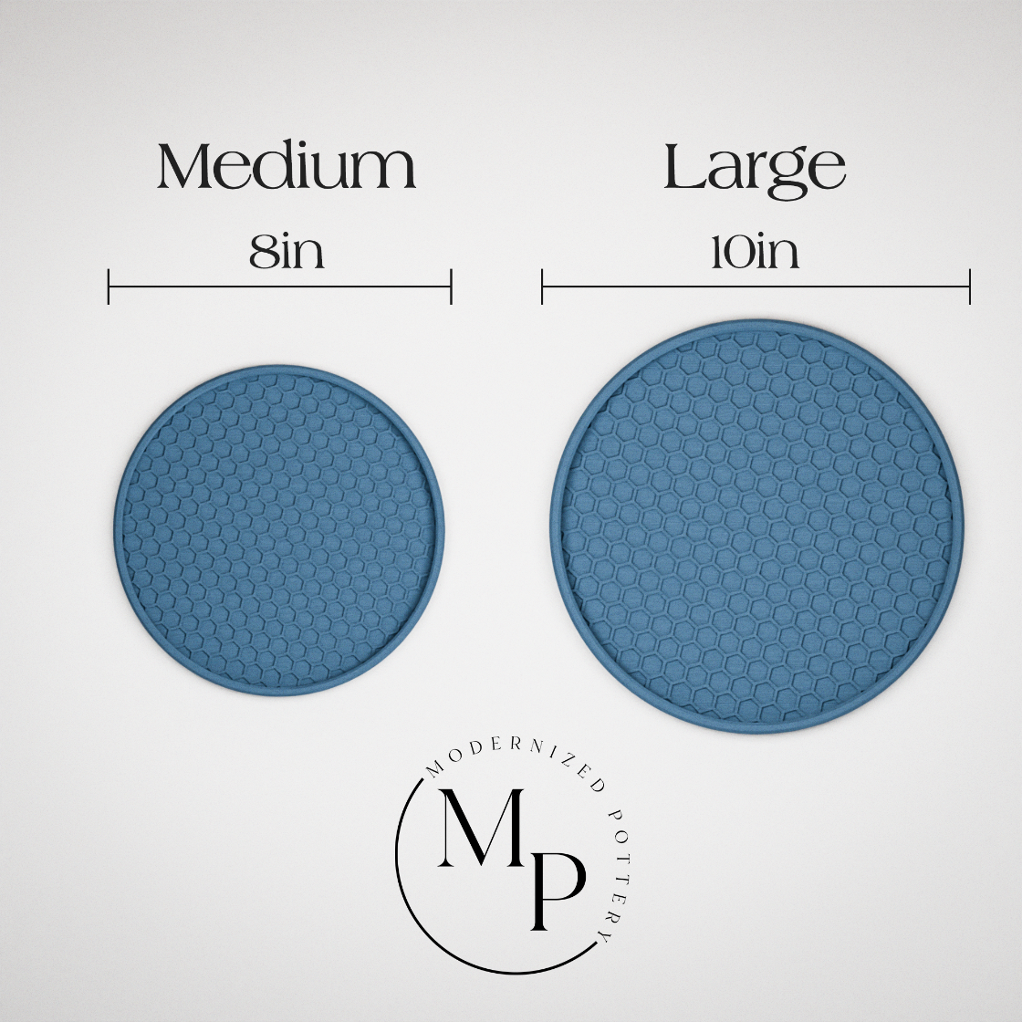 Two blue trivets, one medium (8in) and one large (10in), with 'Modernized Potter' logo.