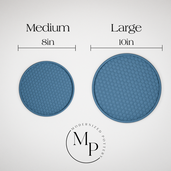Two blue trivets, one medium (8in) and one large (10in), with 'Modernized Potter' logo.