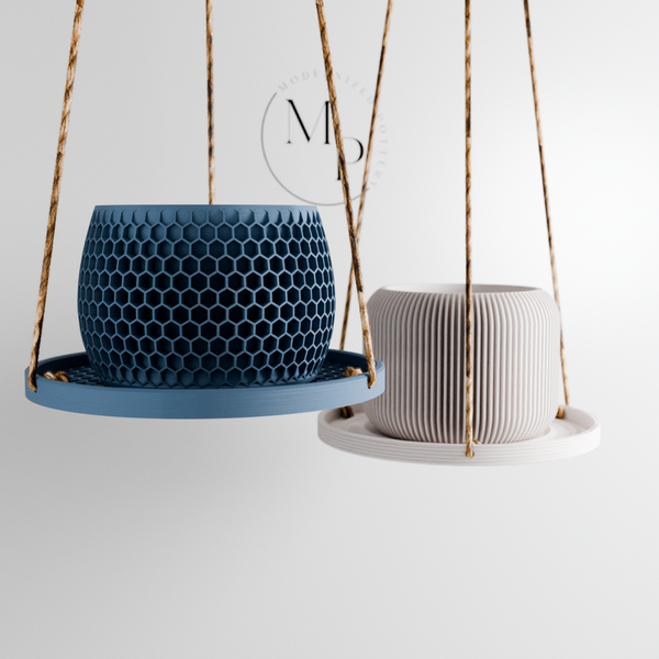 Two decorative planters on a white background with a minimalistic design.